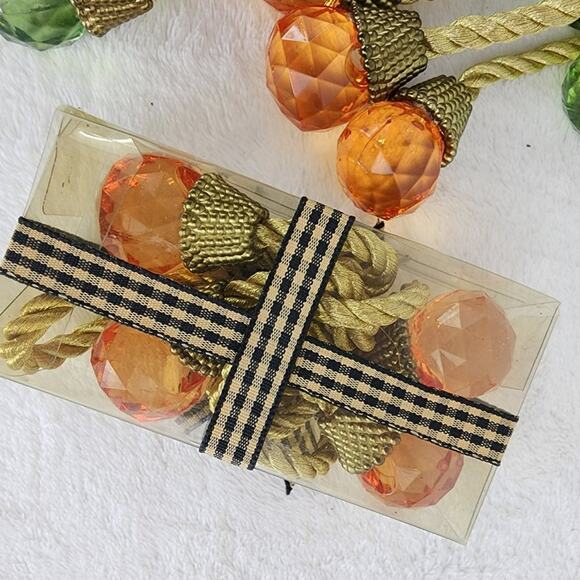 10 Napkin Ring Ties Satin Rope Jeweled Green and orange 1" Faceted on Ends - Picture 3 of 4